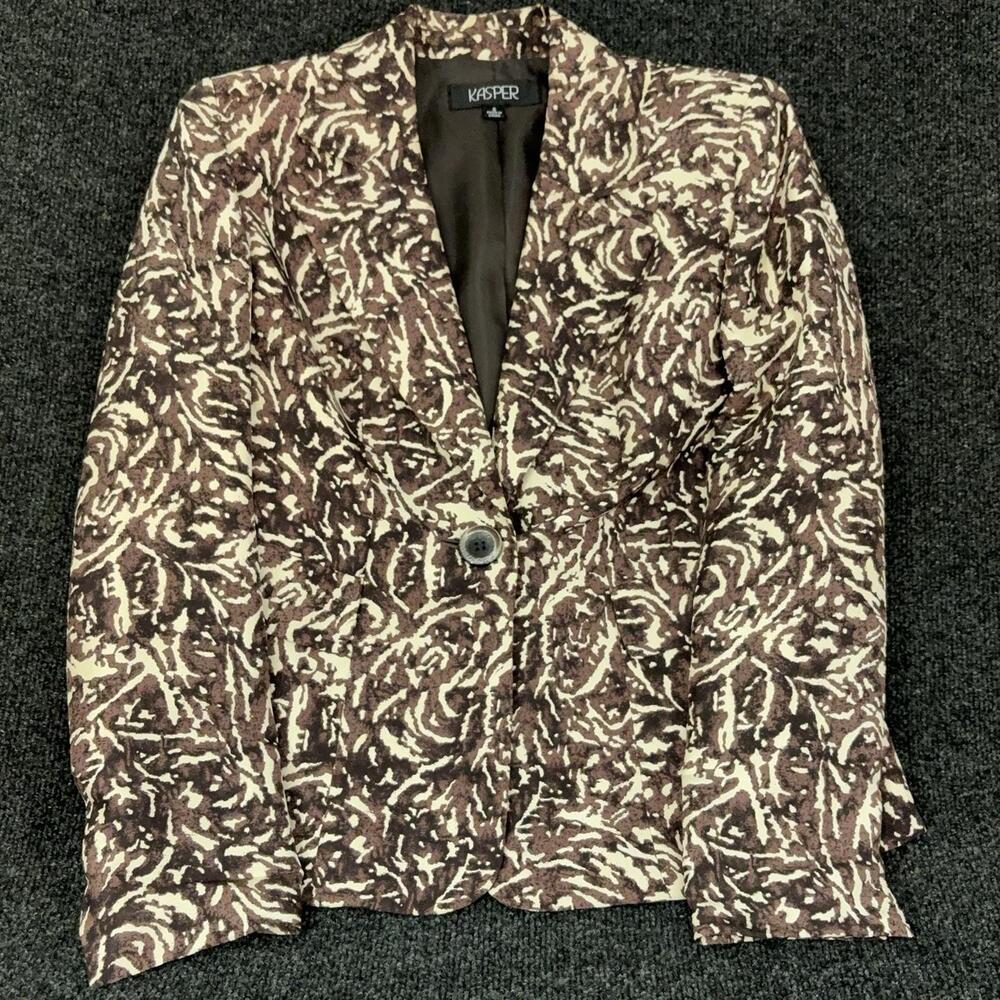Kasper Pant Suit Womens 8 Brown Floral Silk Lined 2 Piece Jacket Pants Set
